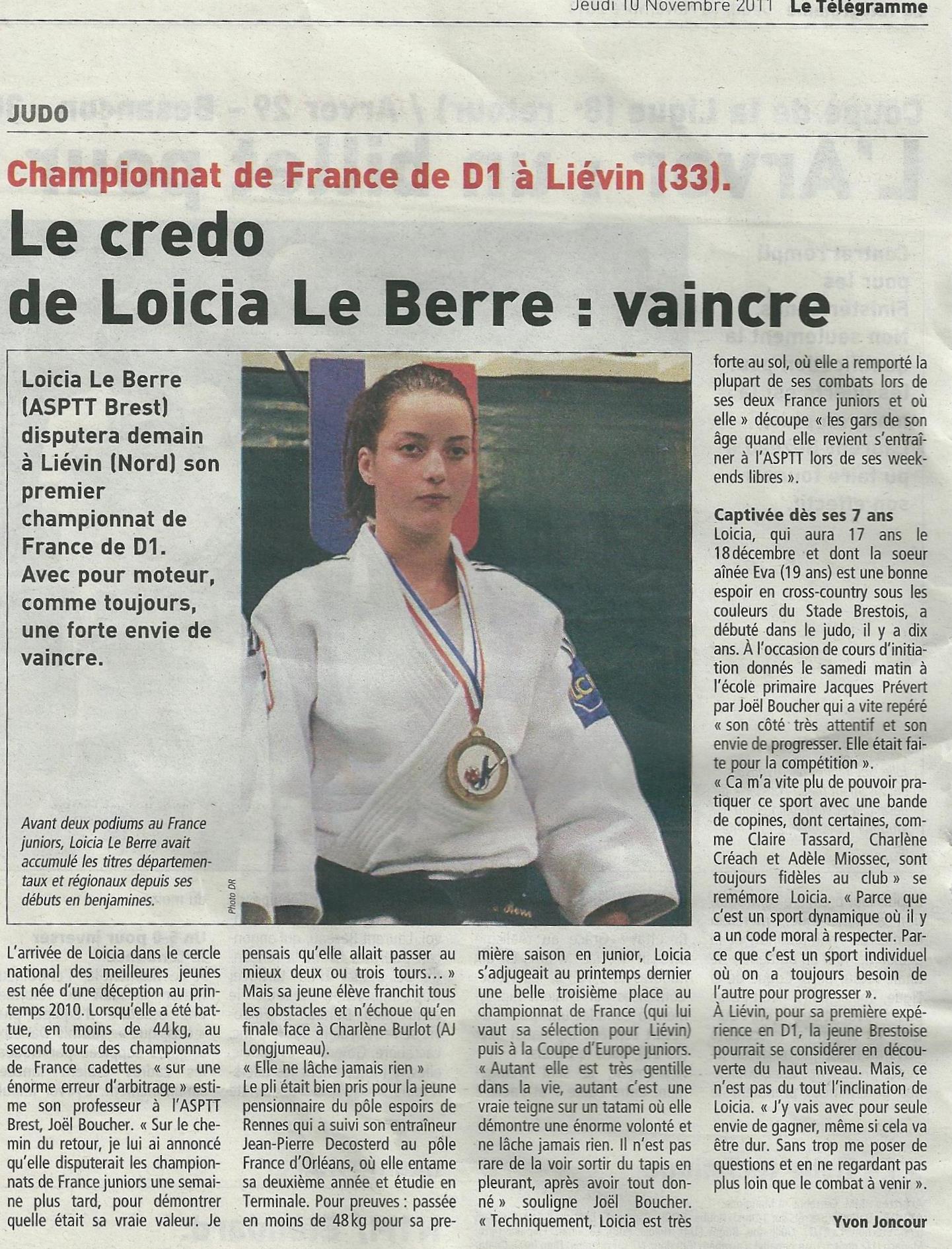 Article de presse Loicia Le Berre au championnat de France D1